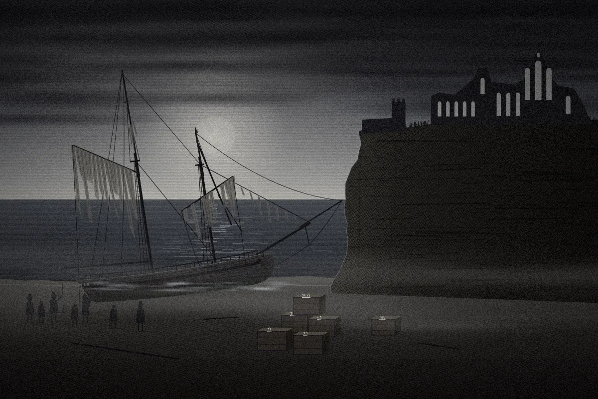 A wrecked schooner aground under the cliff at Whitby on a grey morning, townsfolk on the sand, crates stacked nearby and an abbey ruin above.